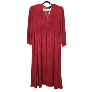 Nina Parker Dress Womens 3X Red Geometric Cutout Maxi Puff Sleeve Pleated Party